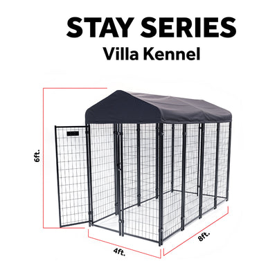 Lucky Dog STAY Series 4 x 8 x 6 Foot Roofed Steel Frame Villa Dog Kennel, Grey