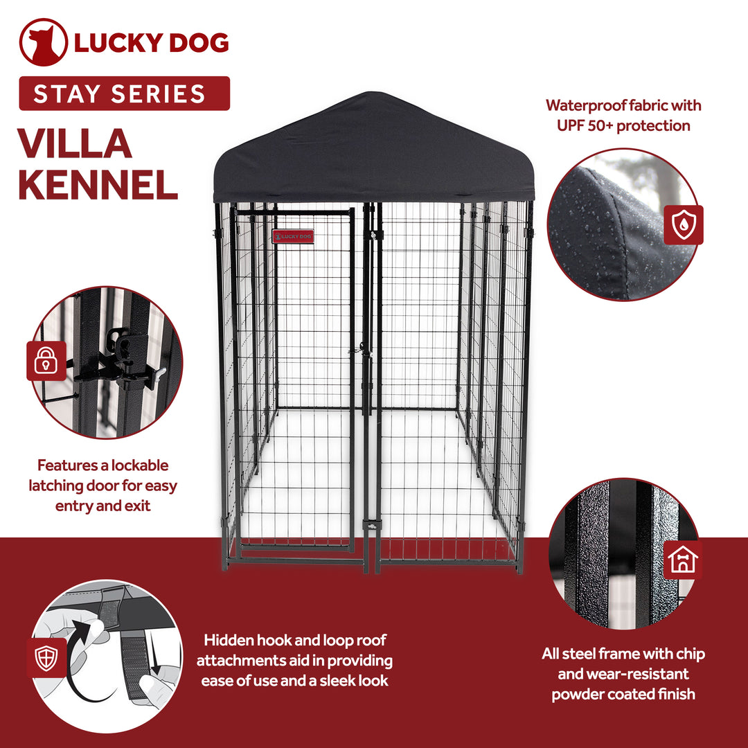 Lucky Dog STAY Series 4x8x6 Foot Roofed Steel Frame Villa Dog Kennel (Open Box) - VMInnovations