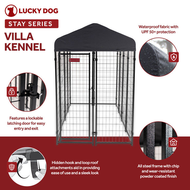 Lucky Dog STAY Series 4x8x6 Foot Roofed Steel Frame Villa Dog Kennel (Open Box) - VMInnovations