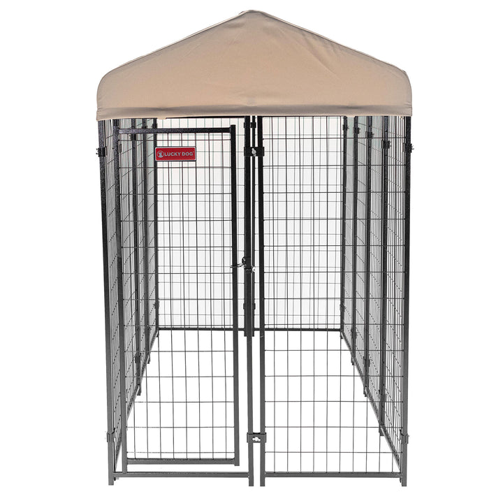 Lucky Dog 4' x 8' x 6' Roofed Steel Frame Villa Dog Kennel, Khaki (Open Box)