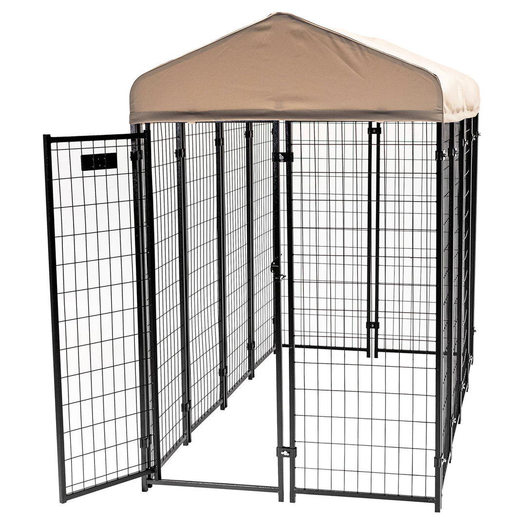 Lucky Dog 4' x 8' x 6' Roofed Steel Frame Villa Dog Kennel, Khaki (Open Box)
