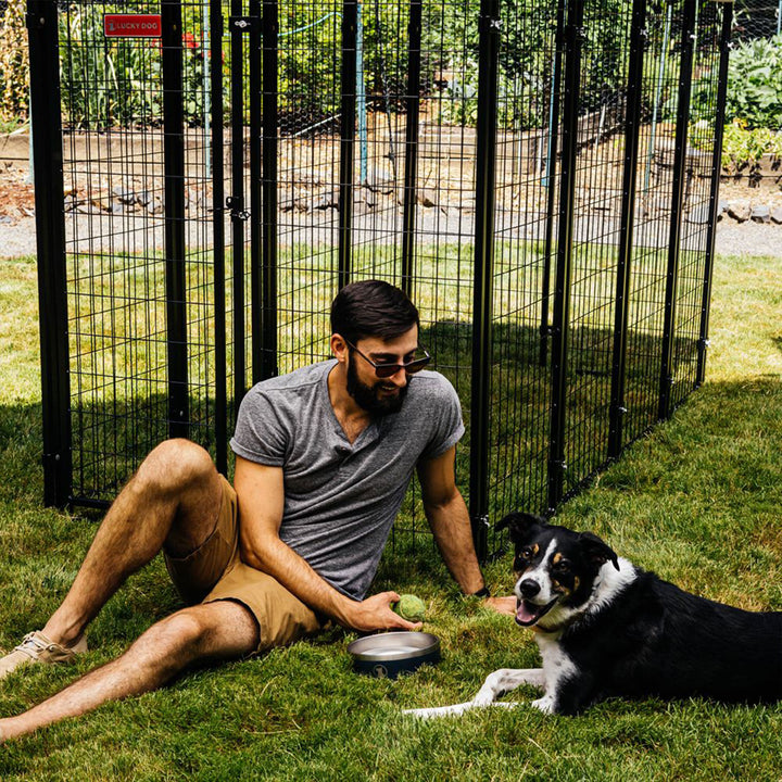 Lucky Dog 4' x 8' x 6' Roofed Steel Frame Villa Dog Kennel, Khaki (Open Box) - VMInnovations