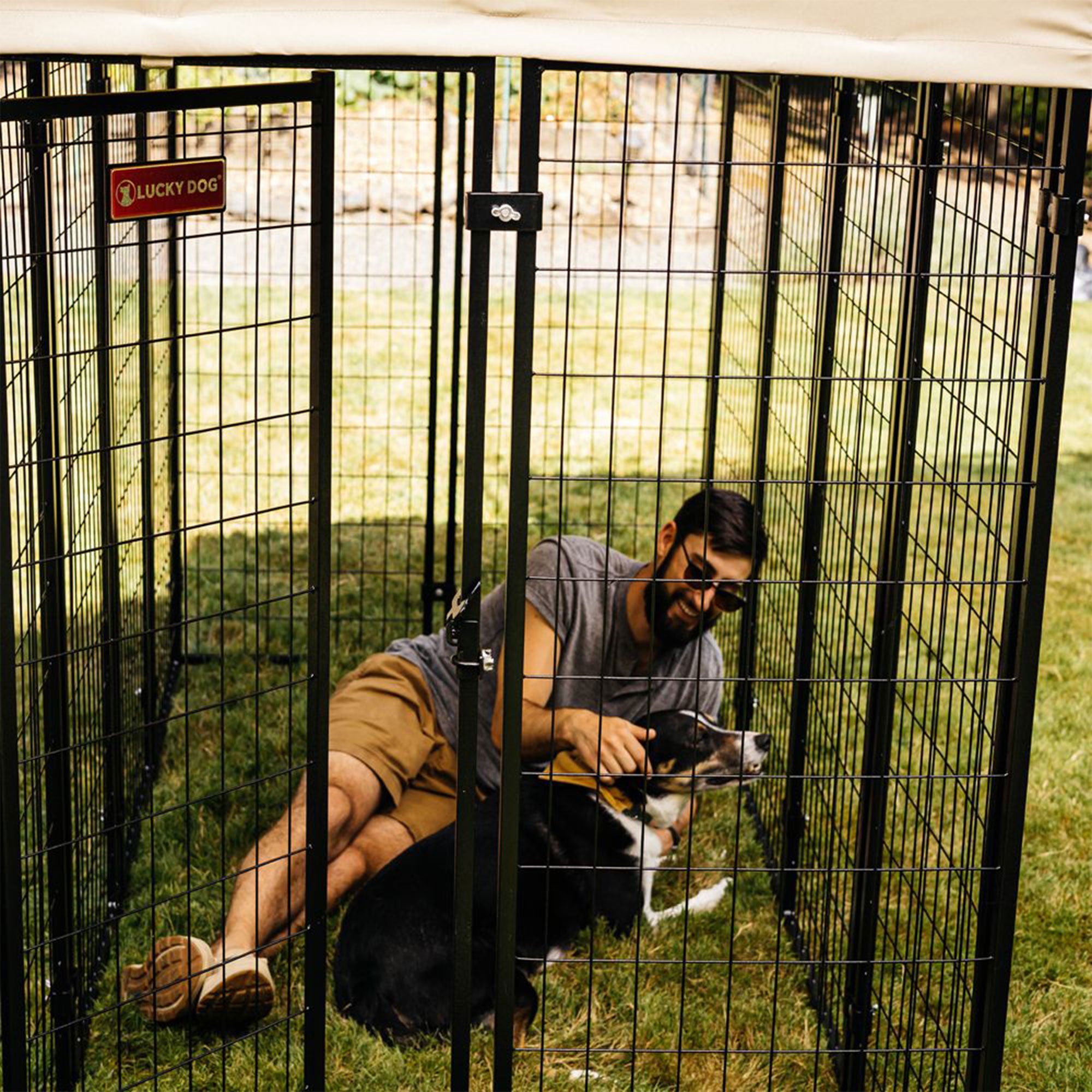 Lucky Dog STAY 4x8x6 Foot Roofed Steel Frame Villa Dog Kennel, Khaki (Used) - VMInnovations