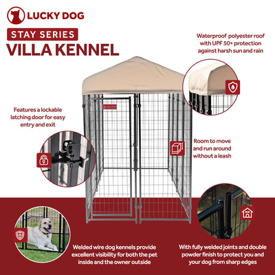 Lucky Dog STAY Series 4 x 8 x 6 Foot Roofed Steel Frame Villa Dog Kennel, Khaki - VMInnovations