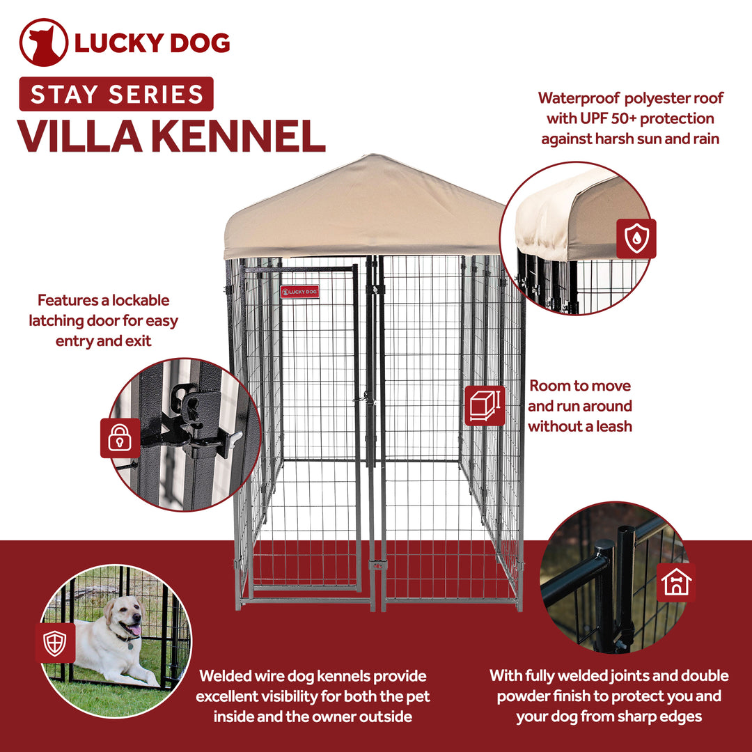 Lucky Dog 4' x 8' x 6' Roofed Steel Frame Villa Dog Kennel, Khaki (Open Box)