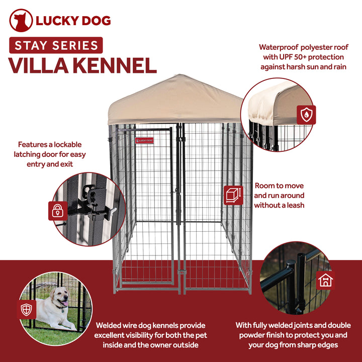 Lucky Dog 4' x 8' x 6' Roofed Steel Frame Villa Dog Kennel, Khaki (Open Box) - VMInnovations
