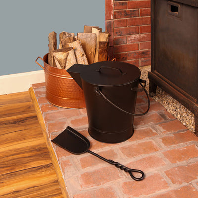 Minuteman International Powder Coated Steel Ash Bucket Pail w/ Handle, All Black