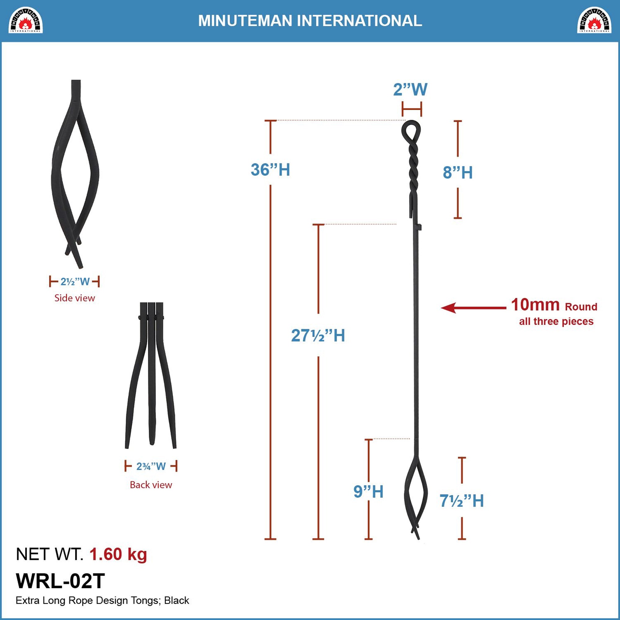 Minuteman International Iron Rope Handle Long Fireplace Tongs Single Tool, Black - VMInnovations