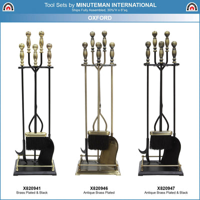 Minuteman International Oxford 5 Piece Fireplace Toolset, Antique Brass & Black