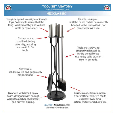 Minuteman International Neoclassic Fireplace Tool Set Chrome & Black (For Parts) - VMInnovations