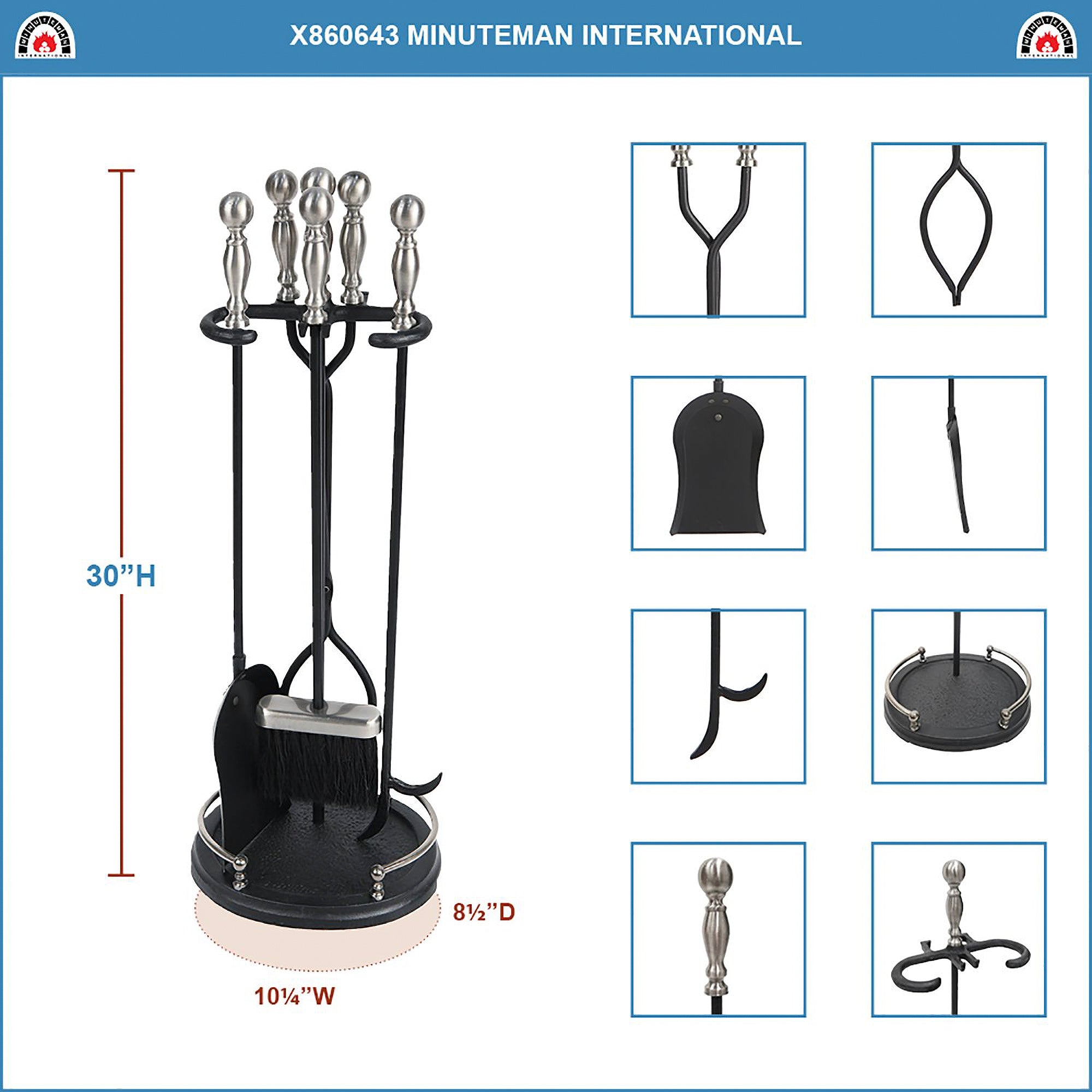Minuteman Boston 5pc Fireplace Toolset, Polished Chrome & Black (Open Box) - VMInnovations