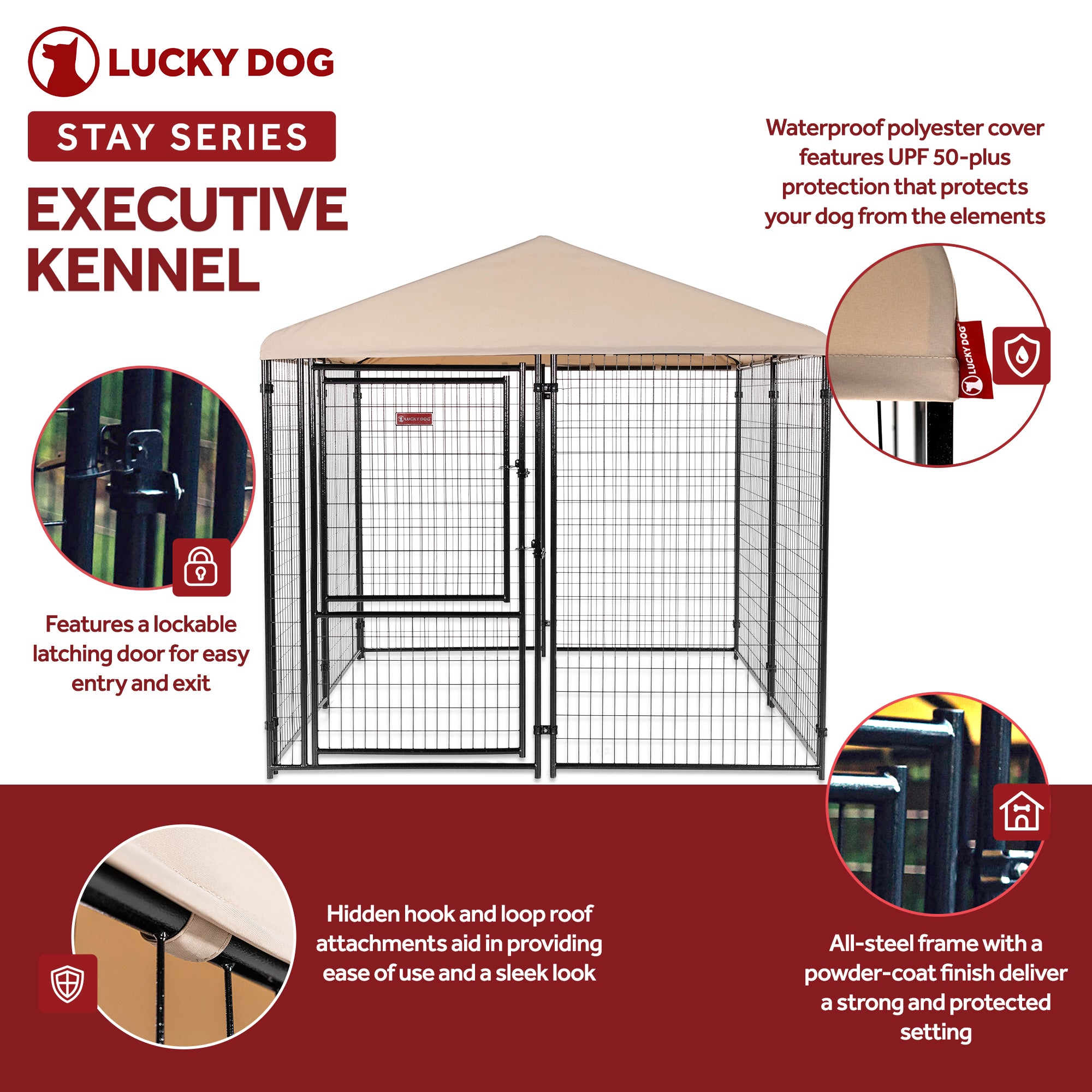 Lucky Dog STAY Series 8 x 8 x 6 Foot Roofed Steel Frame Executive Dog Kennel - VMInnovations