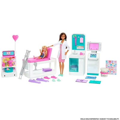 Barbie Fast Cast Clinic set w/ Brunette Barbie Doctor Doll, 4 Play Areas (Used)