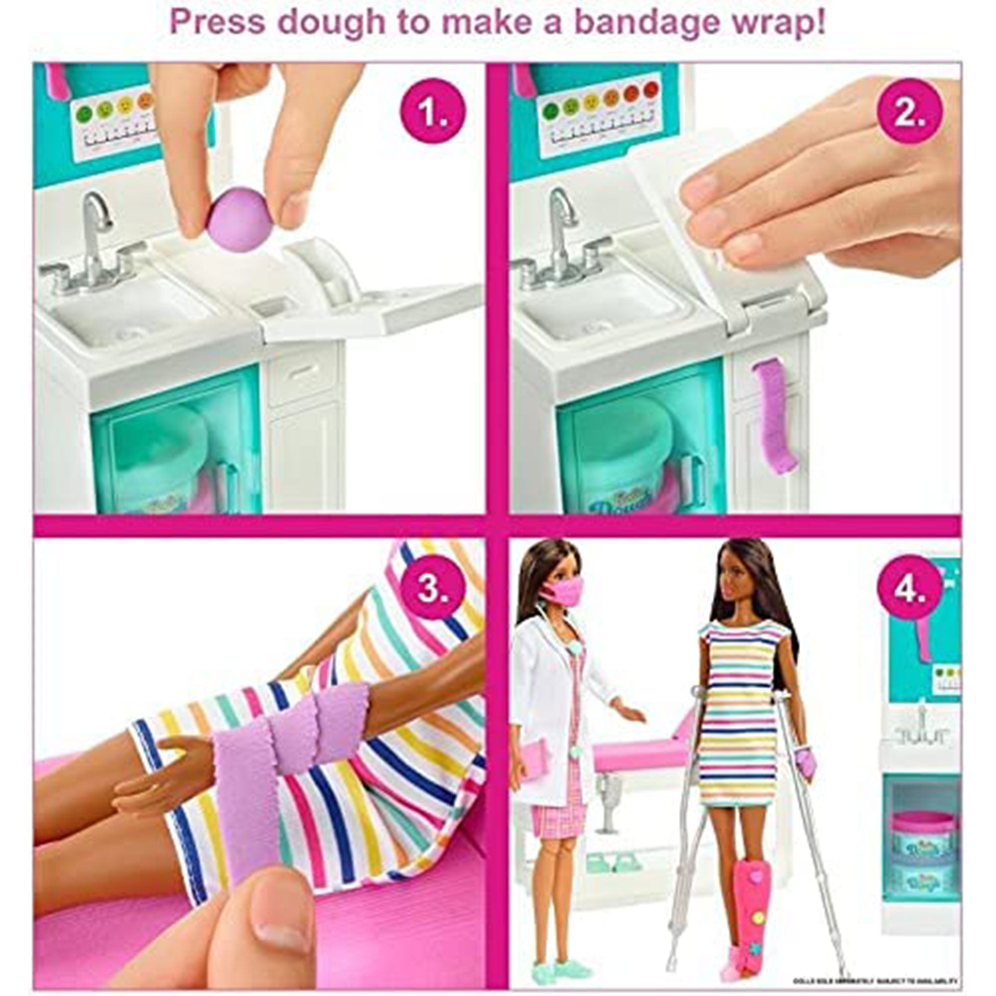 Barbie Fast Cast Clinic set w/ Brunette Barbie Doctor Doll, 4 Play Areas (Used)