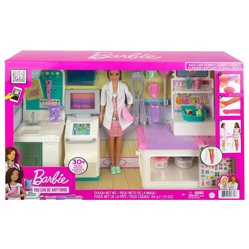 Barbie Fast Cast Clinic Playset with Brunette Barbie Doctor Doll, 4 Play Areas