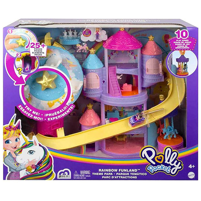 Mattel Polly Pocket Rainbow Funland Theme Park Playset w/ 3 Rides, Polly & Shani