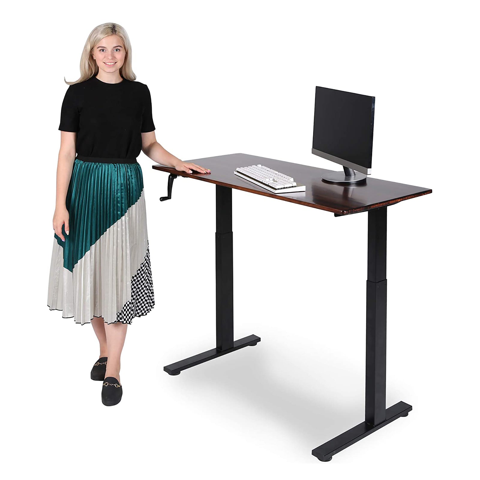SDADI Adjustable Height Steel Frame Standing Desk, Crank Adjust, Black/Teak - VMInnovations