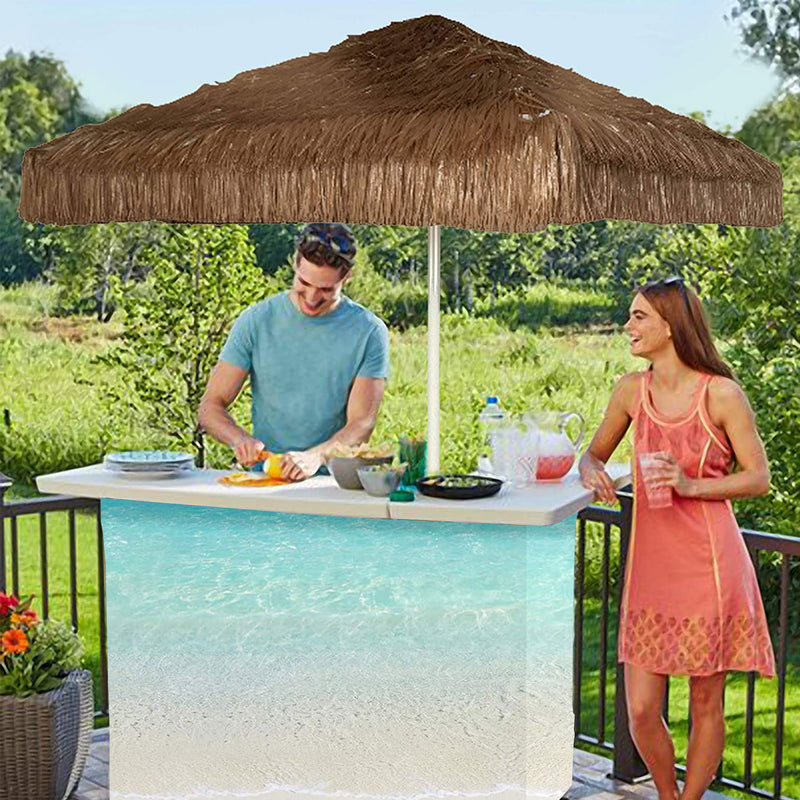 Best of Times Portable L Shaped Patio Table and Thatched Tiki Umbrella, Beach - VMInnovations