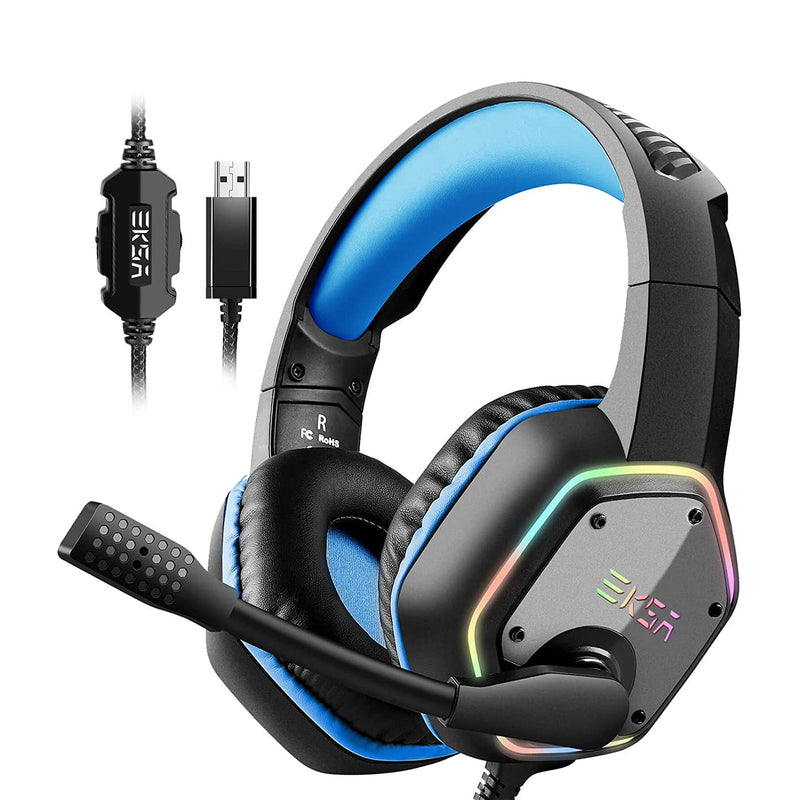 EKSA RGB Plug In USB Gaming Headset for PC, PS4, and PS5 with Microphone, Blue