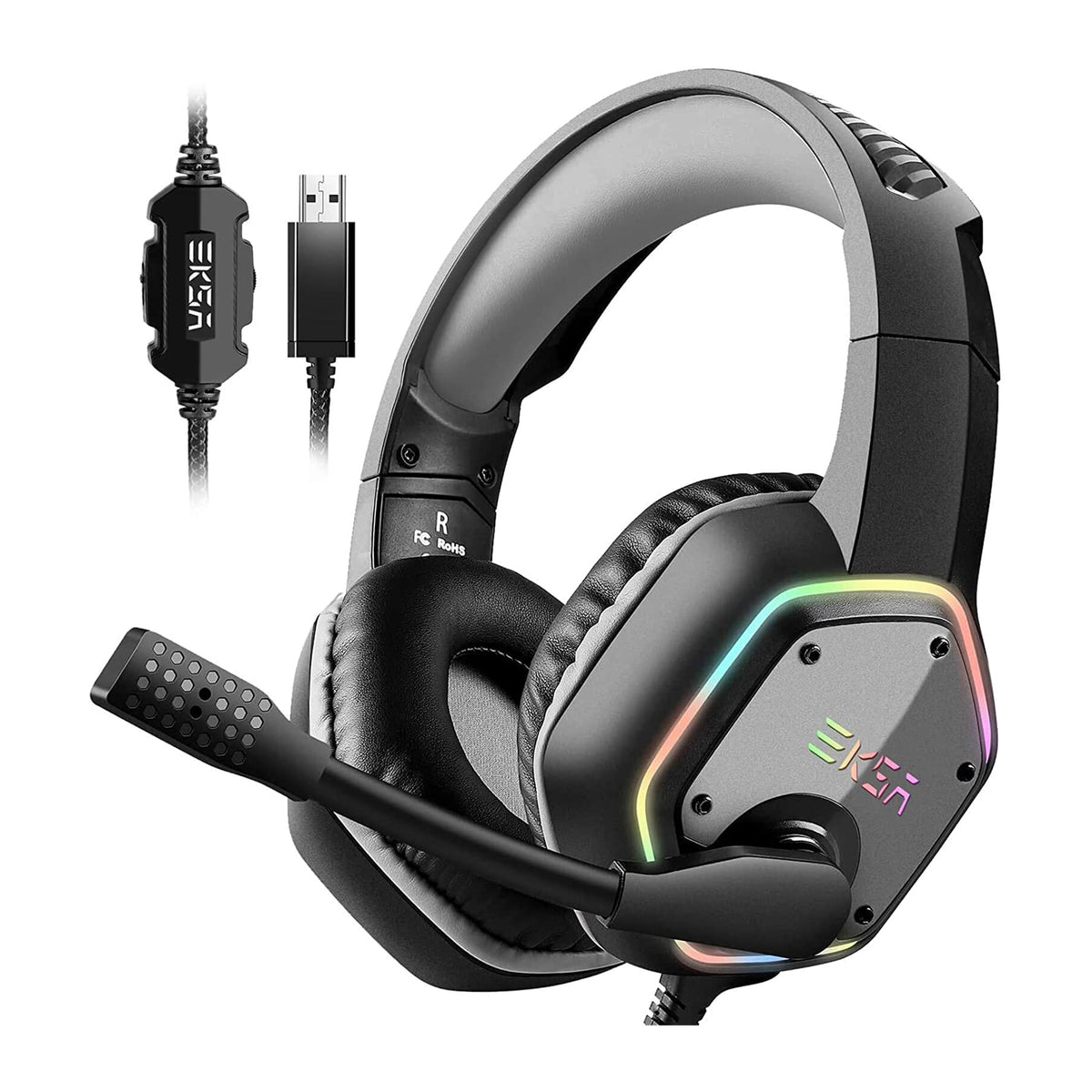 EKSA RGB USB Gaming Headset, Gray, and S100 Headphone with Microphone, Black