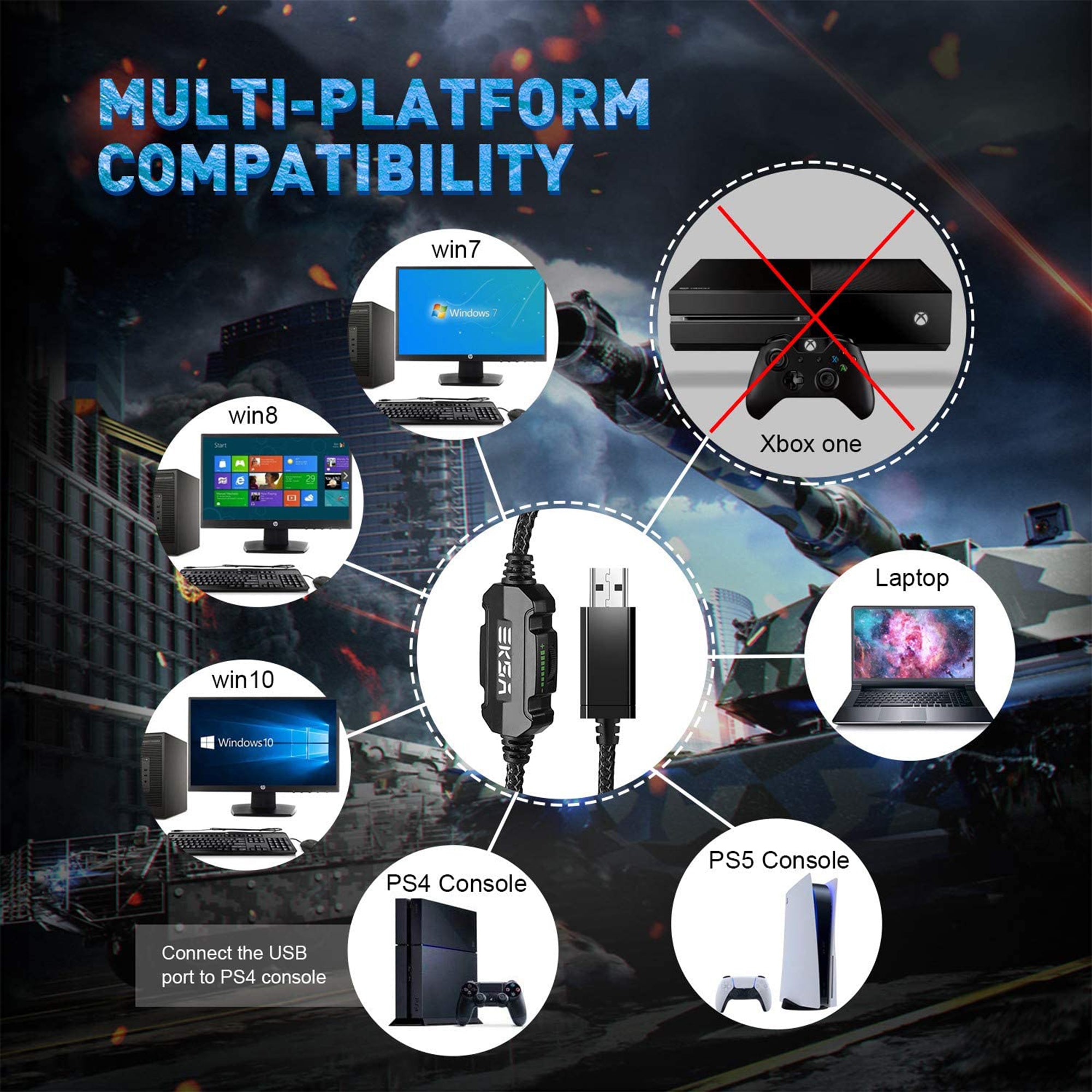 EKSA RGB Plug In USB Gaming Headset for PC, PS4, and PS5 with Microphone, Gray - VMInnovations