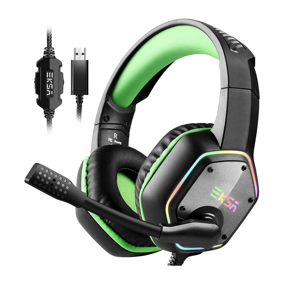EKSA RGB USB Gaming Headset, Green, and S100 Headphones with Microphone, Black