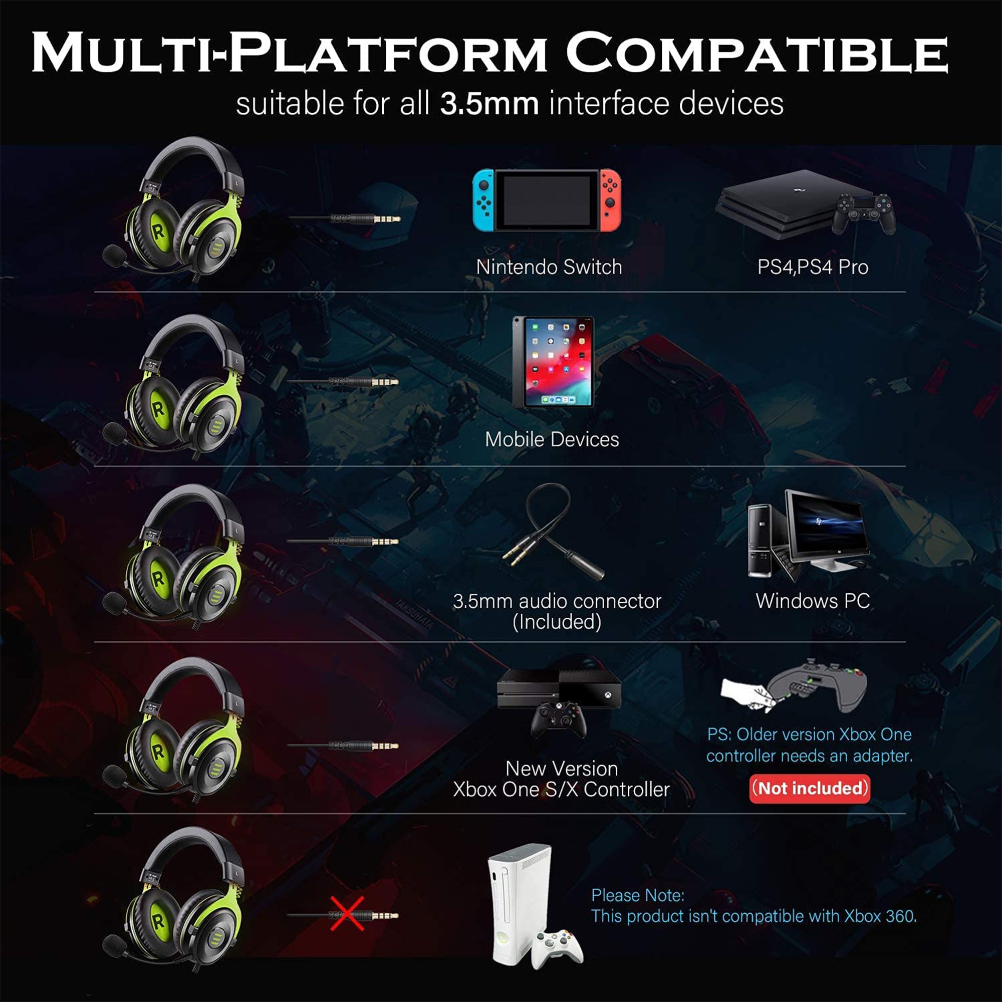 EKSA Gaming Headset with Microphone, Green, and S100 Headphone with Mic, Black - VMInnovations