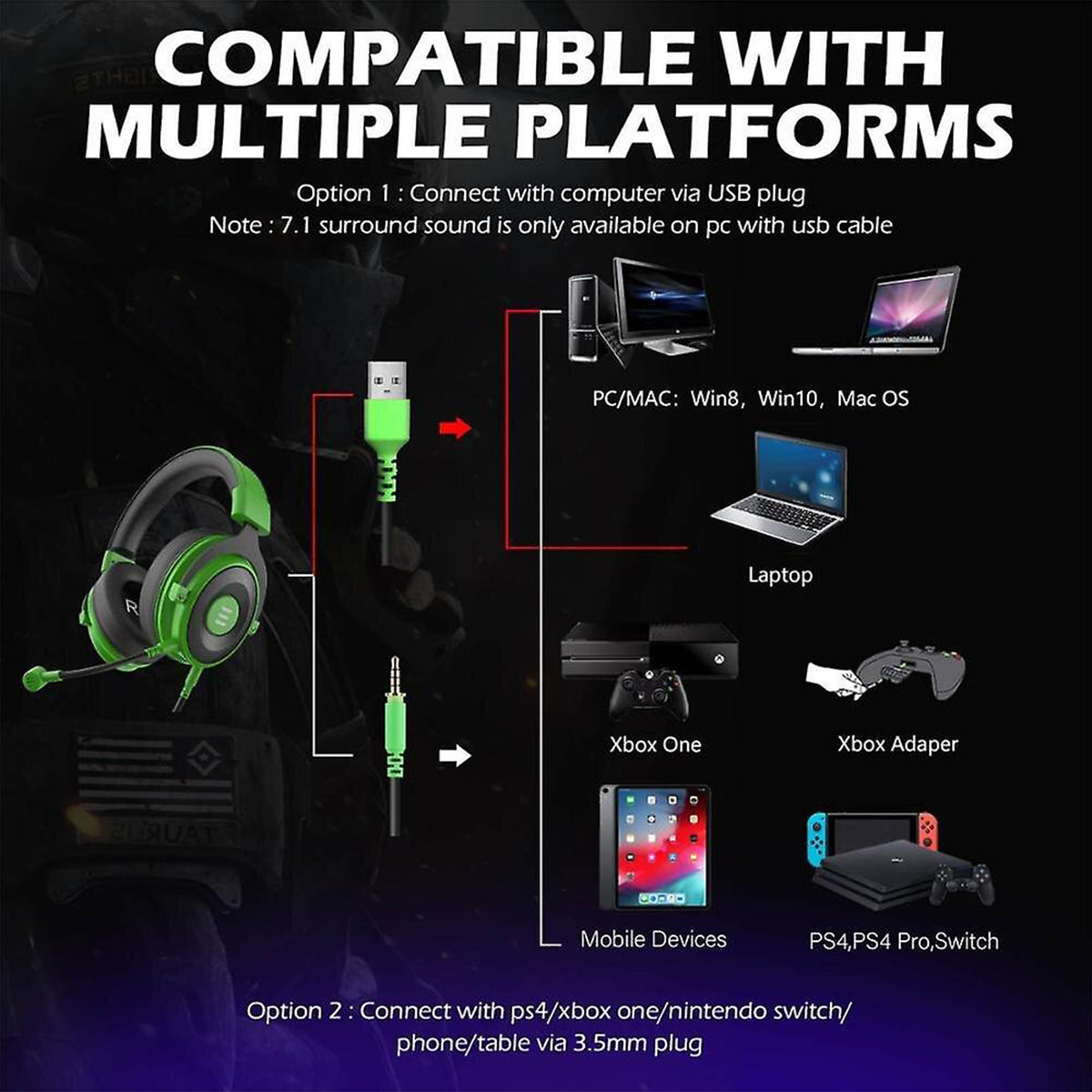 EKSA Headset for PC, Xbox, PS4, & PS5 w/ Detachable Microphone, Green (Open Box)