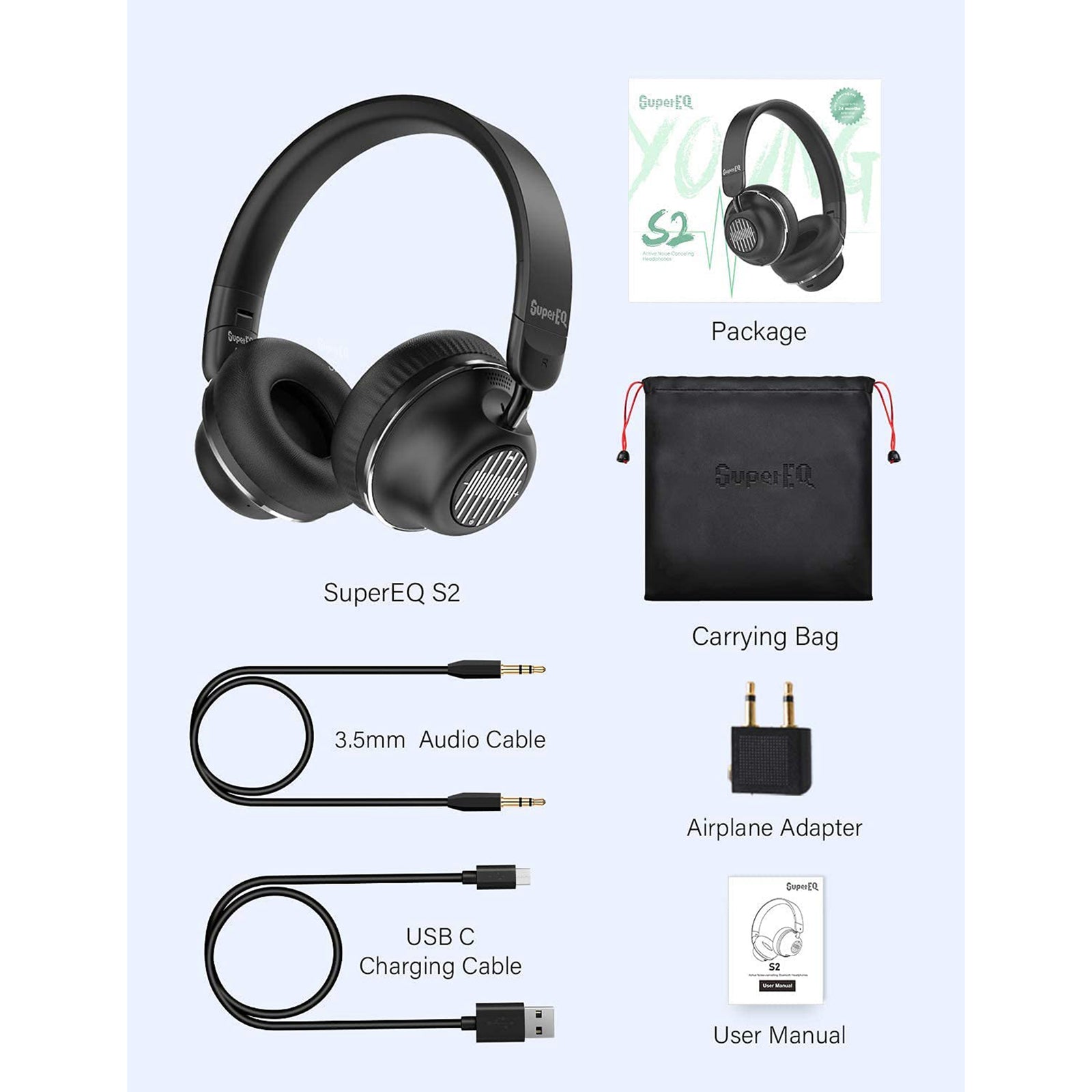 SuperEQ S2 Bluetooth Wired or Wireless Active Noise Canceling Headphones, Black - VMInnovations