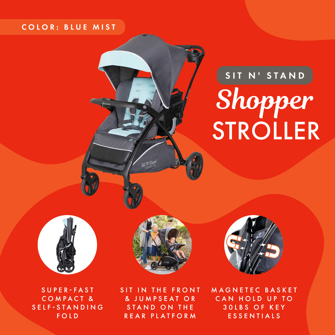 Baby Trend Sit N Stand 5 in 1 Toddler Baby Foldable Travel Stroller, Blue Mist