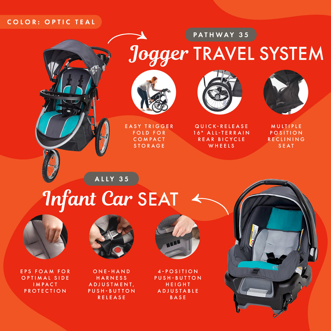 Baby Trend Pathway 35 Jogger Infant Baby Jogger Stroller Travel System, Teal