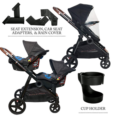 Venice Child Maverick Single to Double Folding Stroller with 2 Seats, Eclipse - VMInnovations