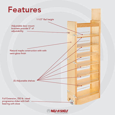 Rev-A-Shelf 8 Inch Wood Pull Out Tall Cabinet Pantry with Adjustable Shelves