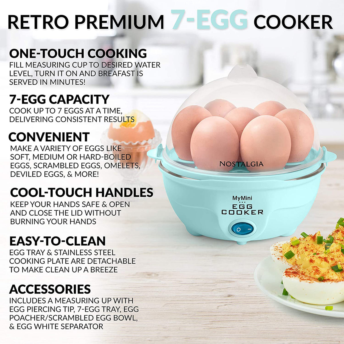 Nostalgia Retro Premium Mini 7 Capacity Electric Hard Boiled Egg Cooker, Aqua
