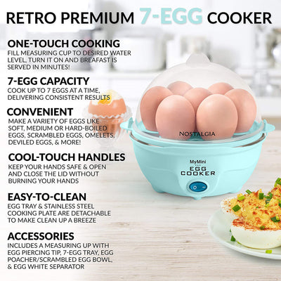 Nostalgia Retro Premium Mini 7 Capacity Electric Hard Boiled Egg Cooker, Aqua