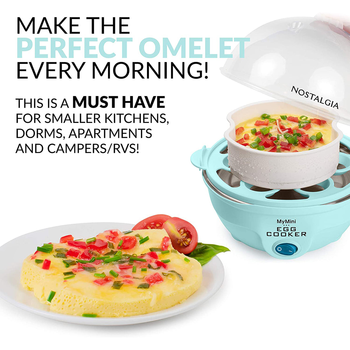 Nostalgia Retro Premium Mini 7 Capacity Electric Hard Boiled Egg Cooker, Aqua