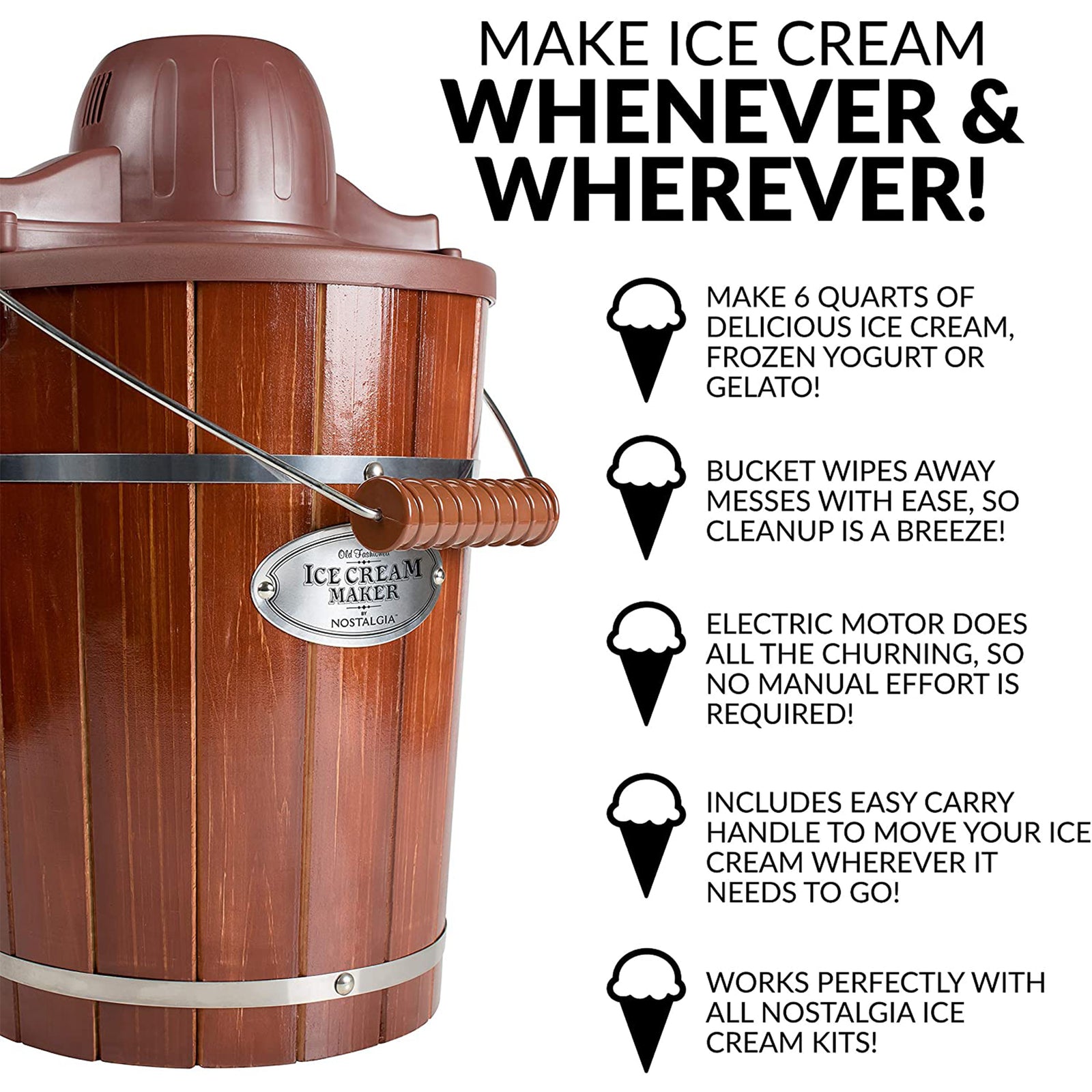 Nostalgia 6qt Electric Wood Bucket Ice Cream Maker w/Easy Carry Handle(Open Box) - VMInnovations