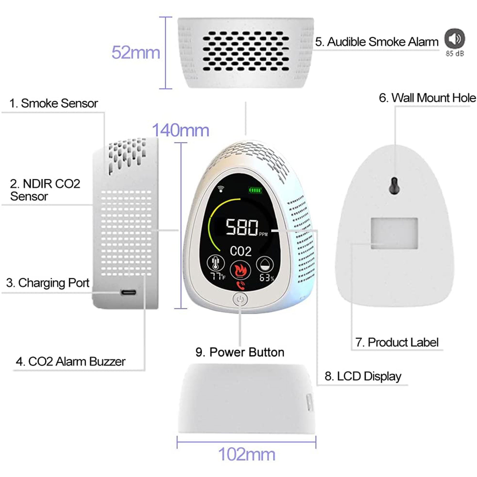 GZAIR Wi-Fi Carbon Dioxide Meter w/ Smoke, Temp & Humidity Sensor (Open Box) - VMInnovations