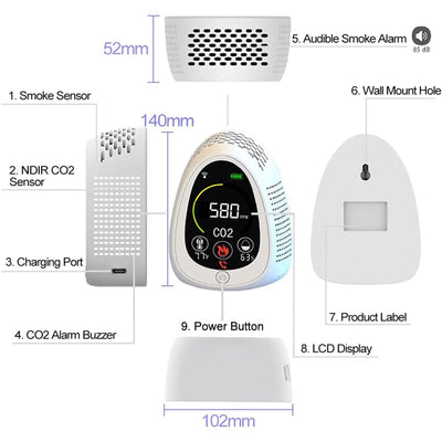 GZAIR Wi-Fi Carbon Dioxide Meter w/ Smoke Alarm & Humidity Sensor (Damaged)