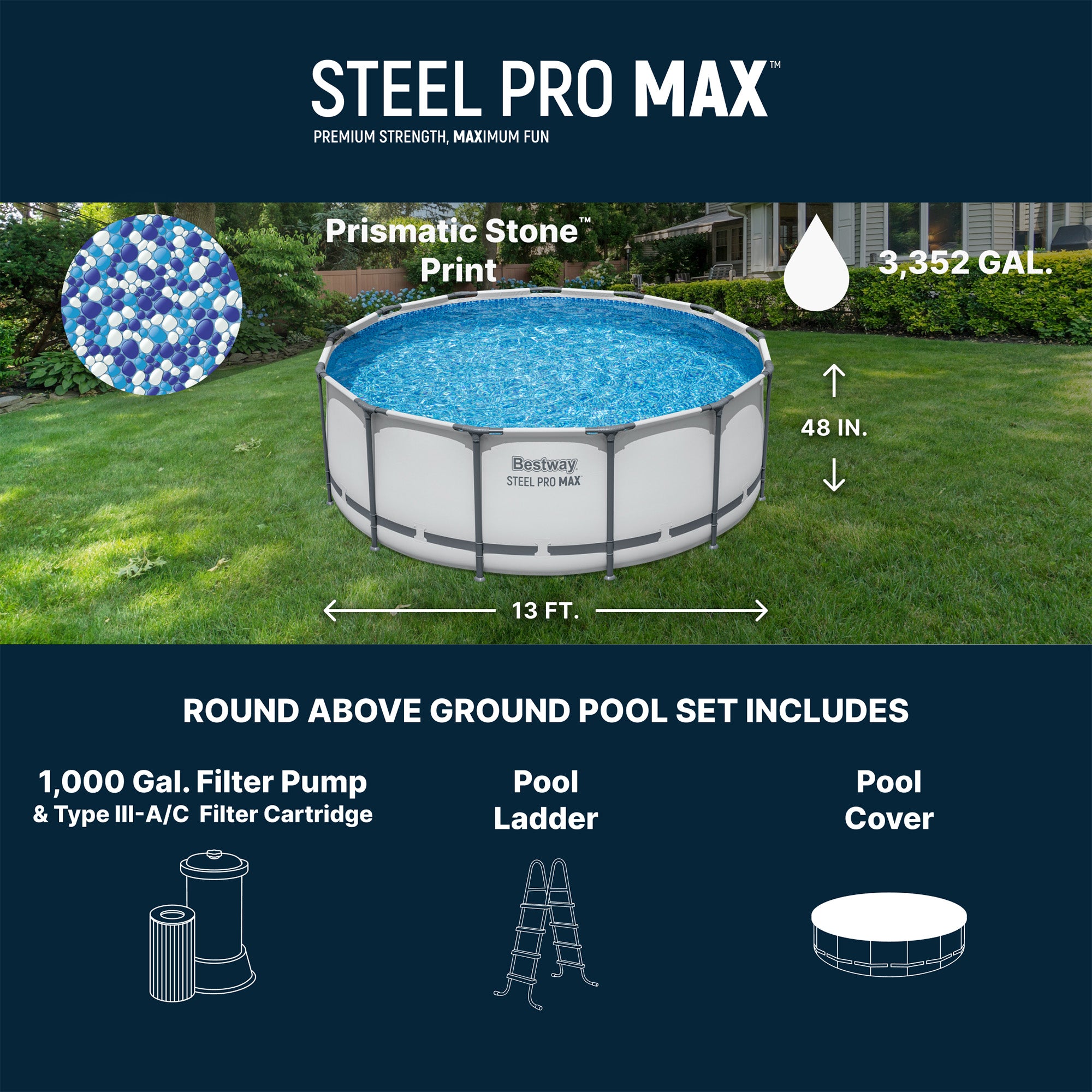 Bestway Steel Pro MAX 13 Foot Round Above Ground Pool Set w/ 3 Layer Liner(Used) - VMInnovations