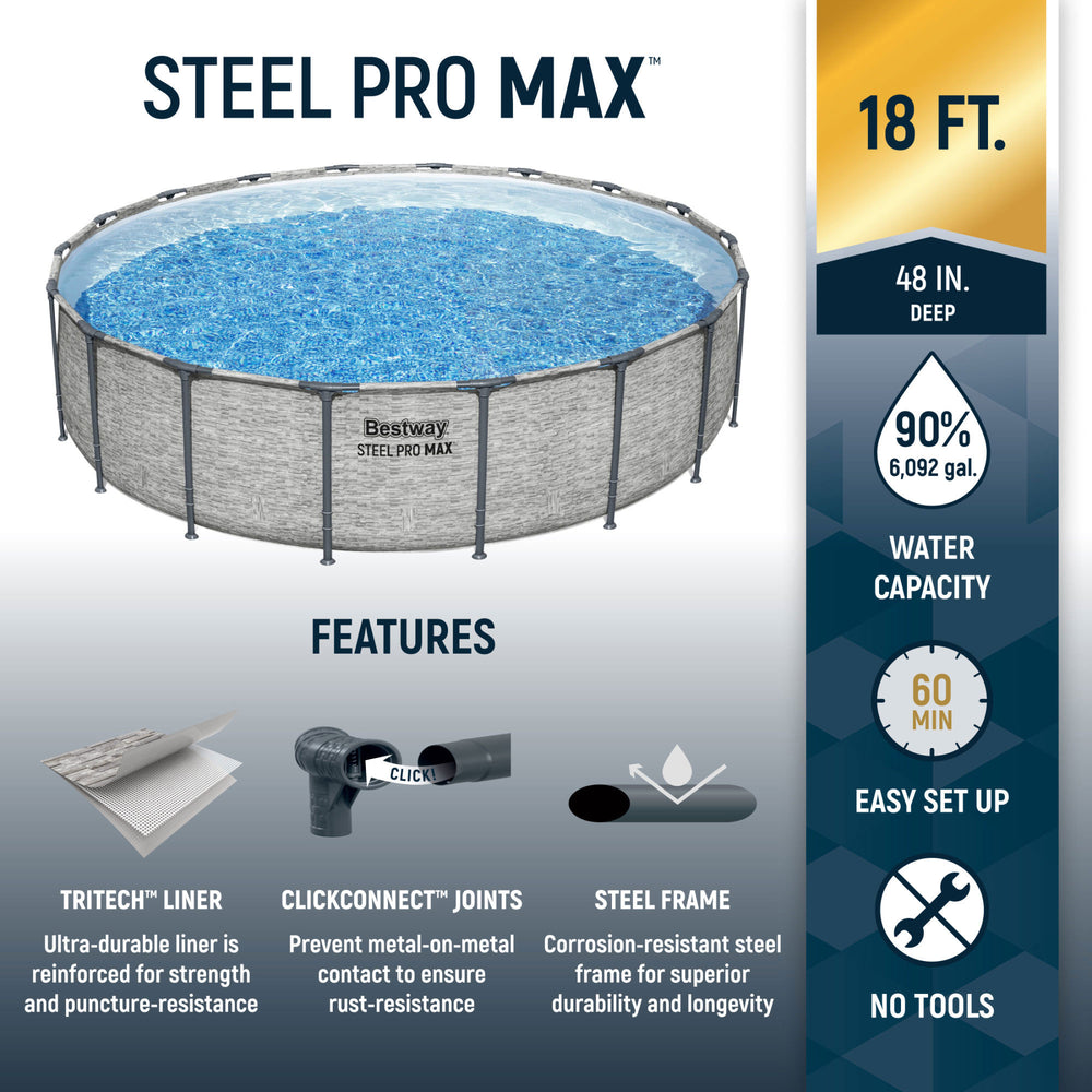 Bestway Steel Pro MAX 18'x48" Round Above Ground Swimming Pool with Pump & Cover - VMInnovations
