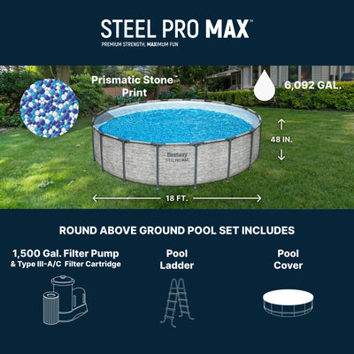 Bestway Steel Pro MAX 18'x48" Round Above Ground Swimming Pool with Pump & Cover - VMInnovations
