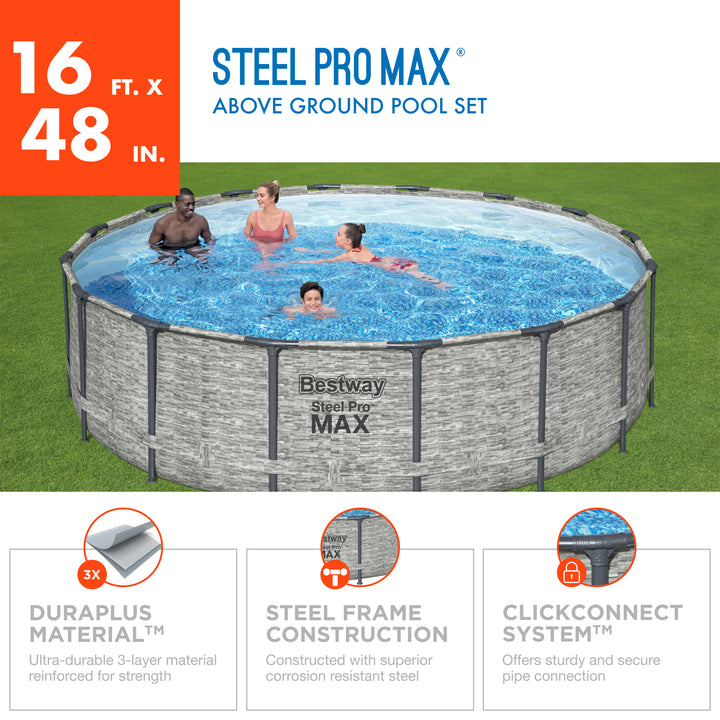 Bestway Steel Pro MAX 16 Foot Round Above Ground Pool Set with 3 Layer Liner