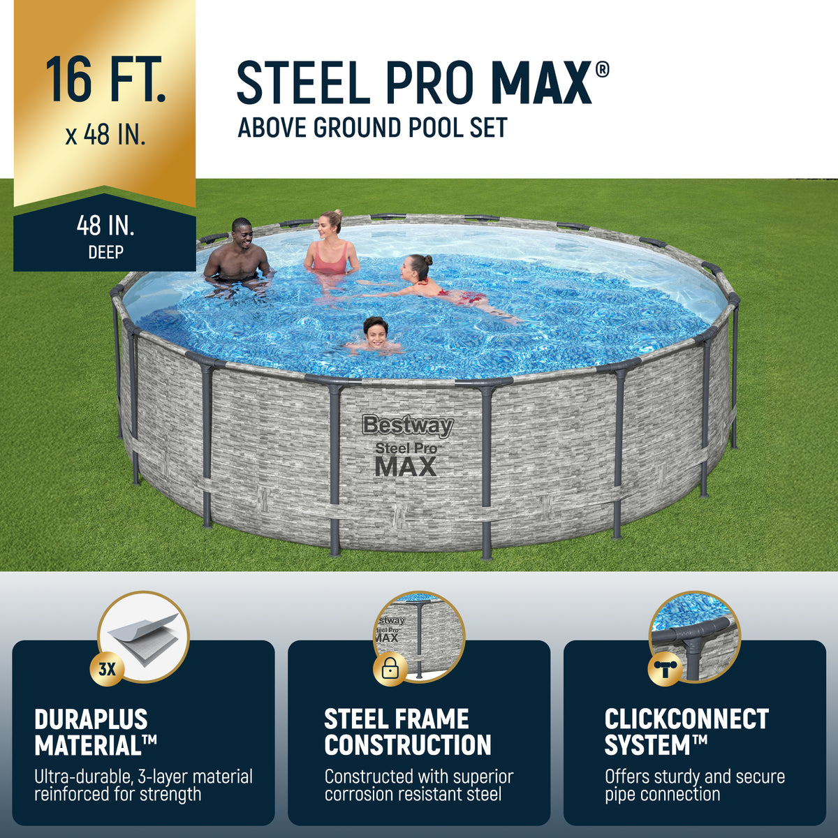 Bestway Steel Pro MAX 16 Foot Round Above Ground Pool Set with 3 Layer Liner
