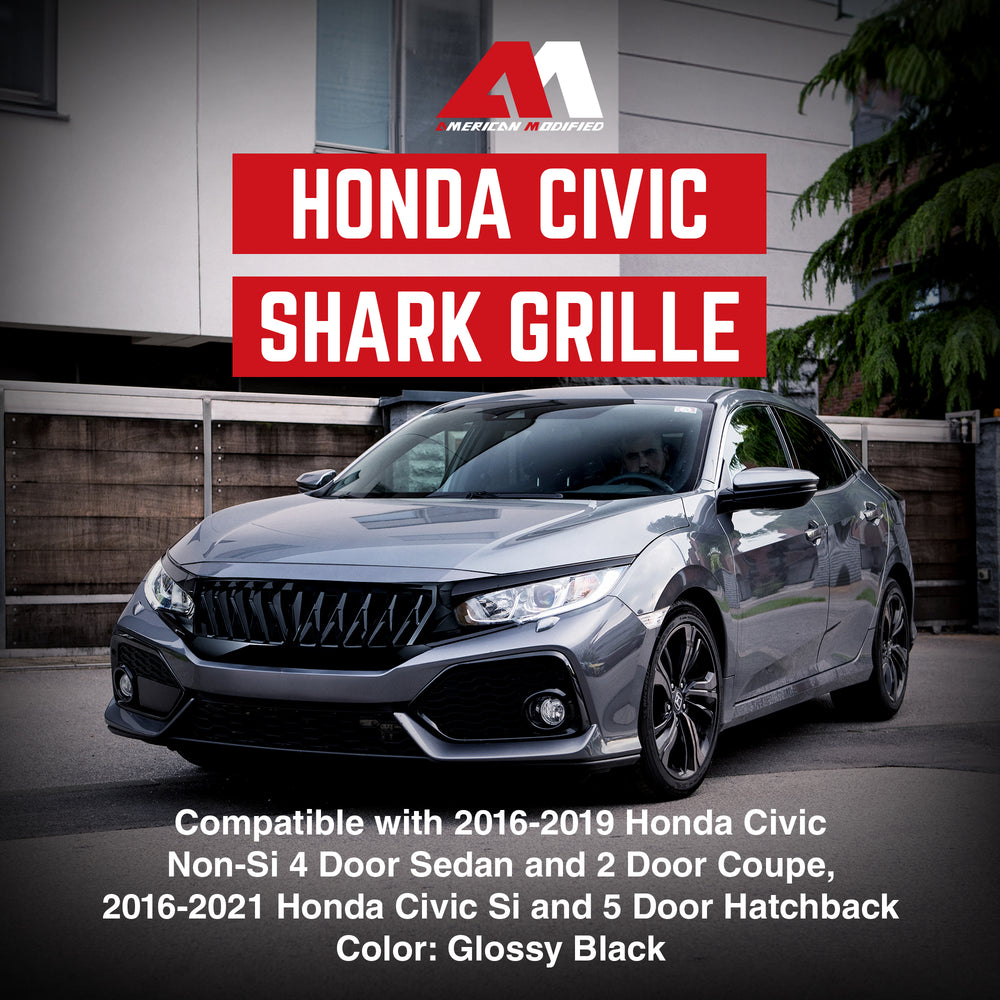 American Modified Front Shark Grille for 2016 to 2021 Honda Civic Models, Black - VMInnovations