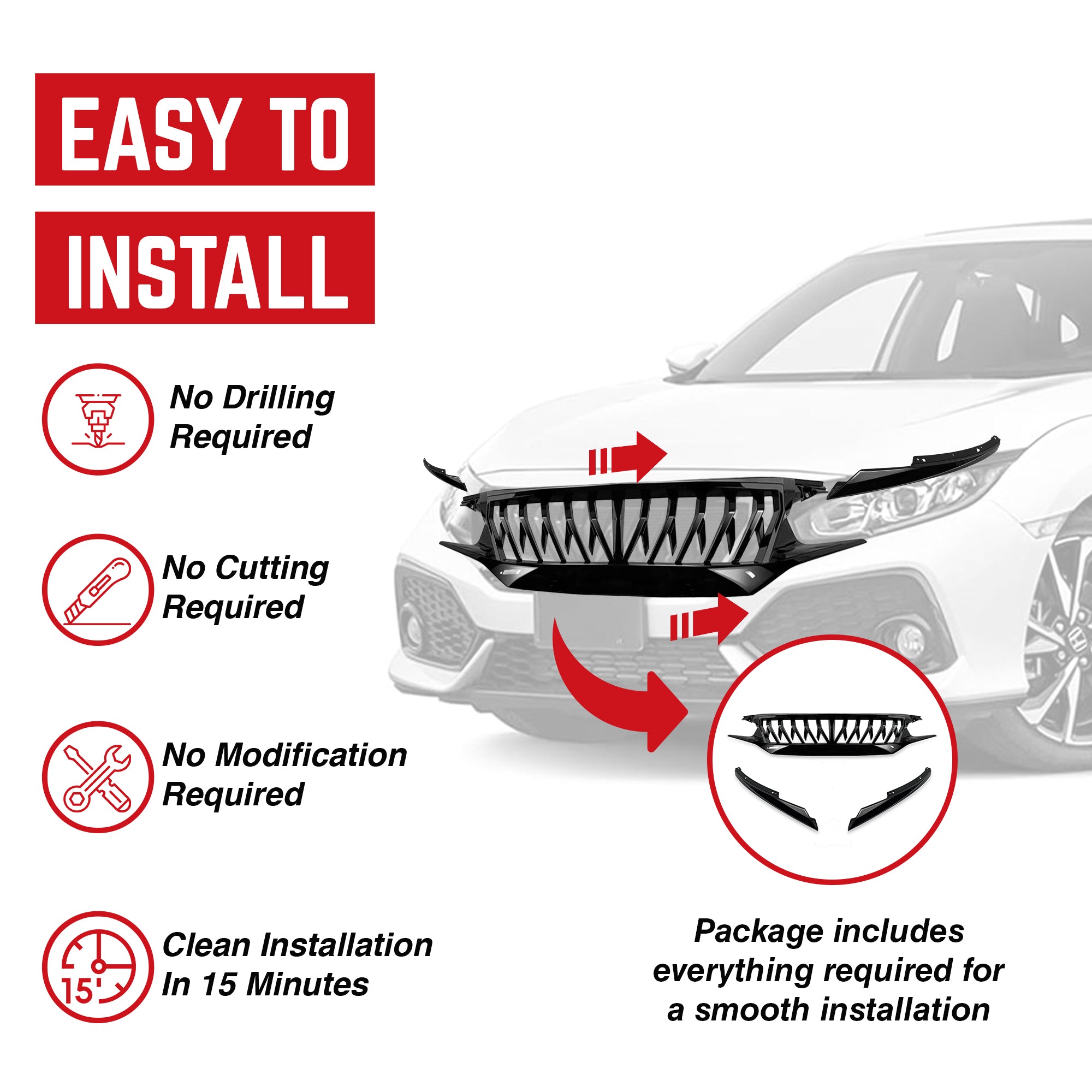 American Modified Front Shark Grille for '16-'21 Honda Civic Models (Open Box) - VMInnovations
