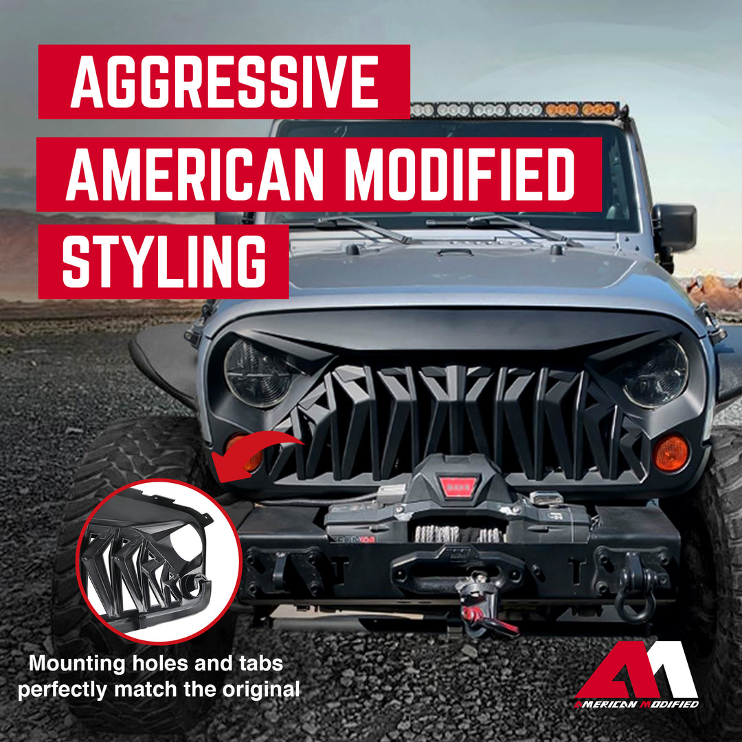 American Modified Front Shark Grille for 2007 to 2018 Jeep Models, Matte Black