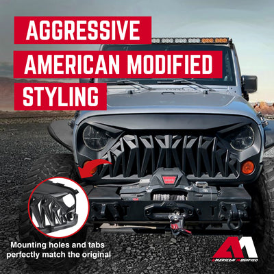 American Modified Front Shark Grille for 2007 to 2018 Jeep Models, Matte Black