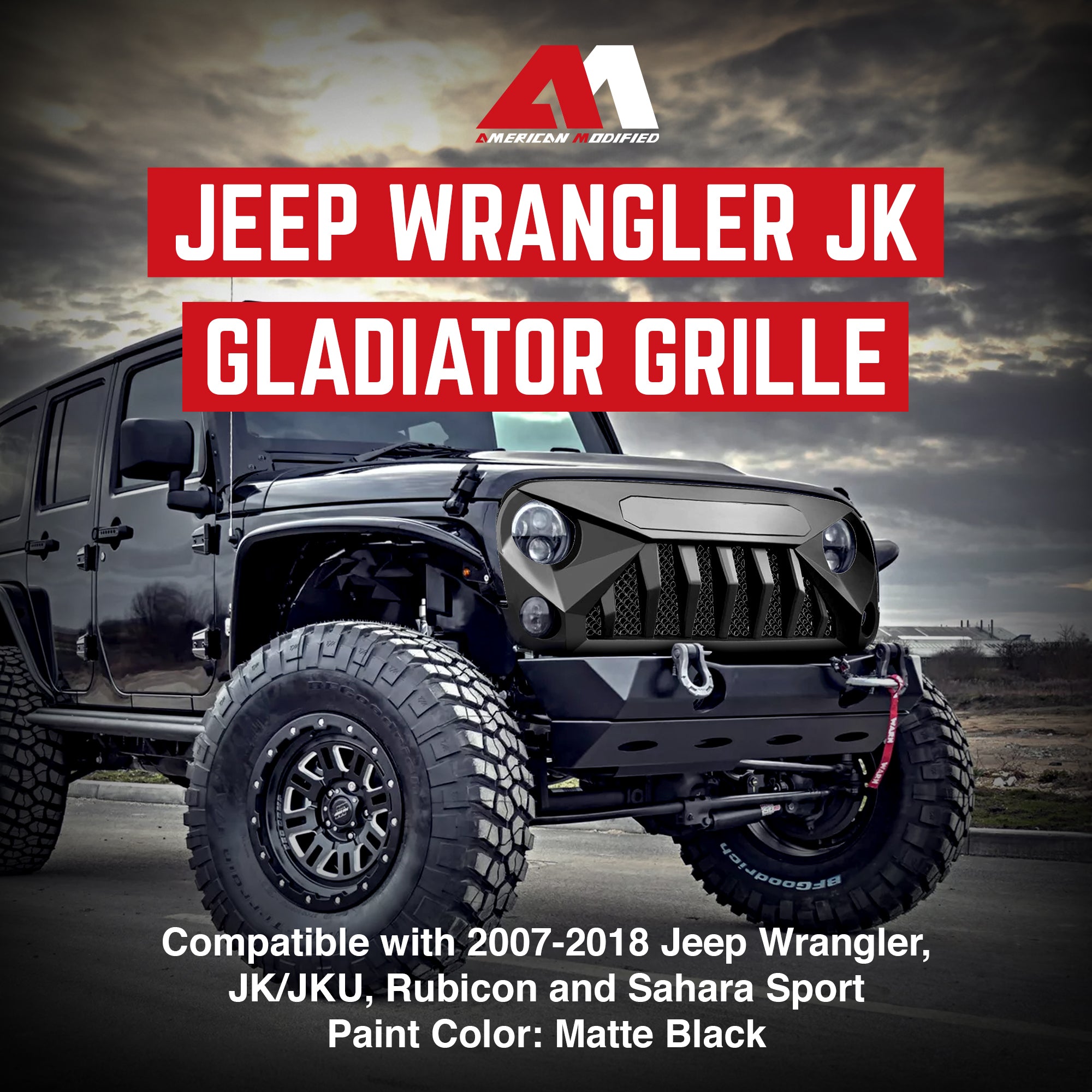 American Modified Grille Compatible w/Jeep Models 07-18, Matte Black (For Parts) - VMInnovations