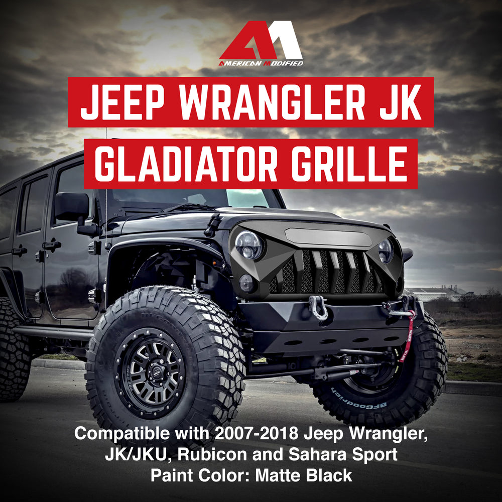 American Modified Gladiator Grille Compatible with Jeep Models 2007 to 2018, Matte Black - VMInnovations